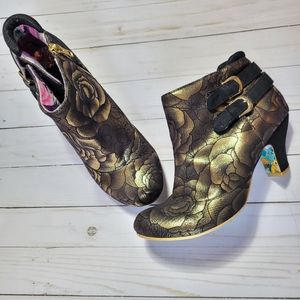 Irregular Choice Metallic Gold and Black Floral Ankle Boots